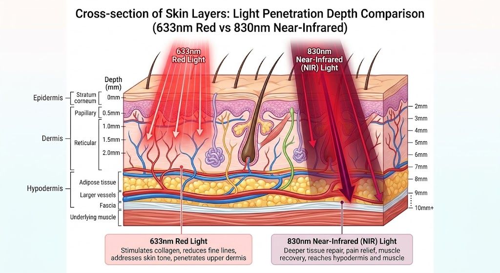 Red vs Near-Infrared Wavelength Penetration Depth in Skin Comparison of red 633nm and near-infrared 830nm light penetration depth through skin layers