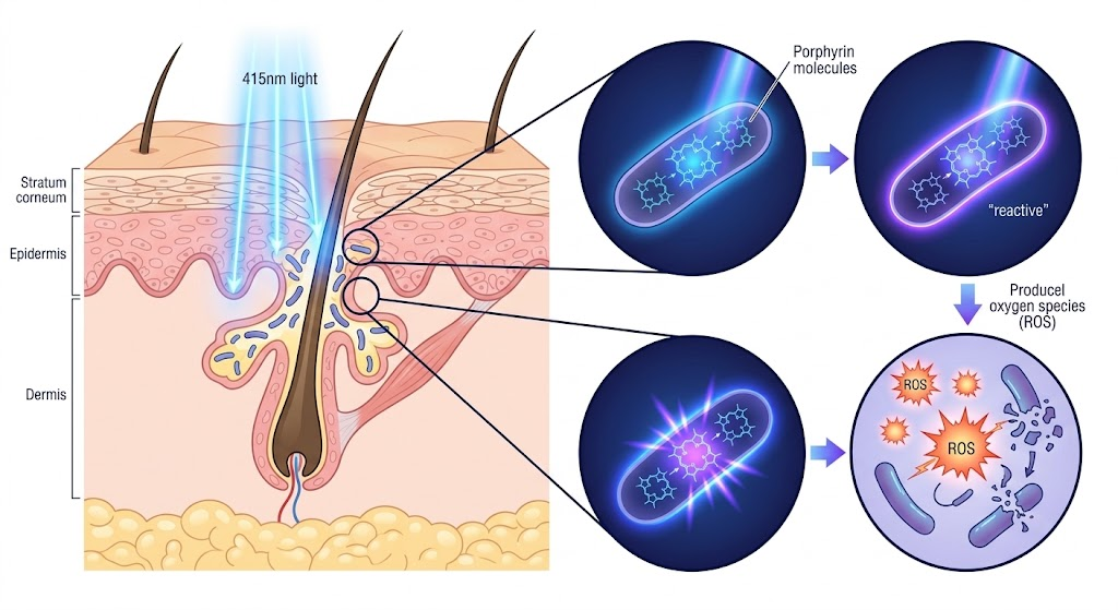 How Blue Light Kills Acne-Causing Bacteria Blue 415nm light destroying acne-causing bacteria inside a skin pore through porphyrin activation