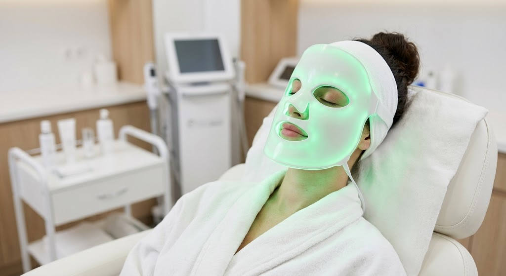 Green Light Therapy for Skin — Hyperpigmentation and Tone Guide Woman receiving green light therapy with soft green LED glow on her face