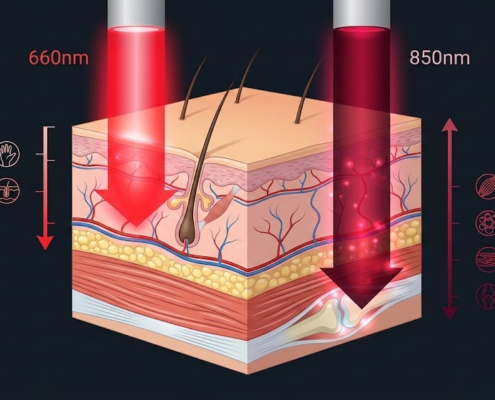 Cross-section showing red light penetrating to dermis and near-infrared penetrating to muscle and joints