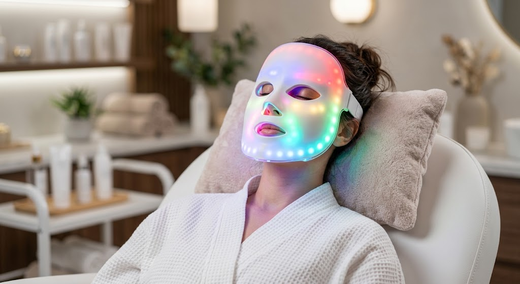 How to Use a 7 Color LED Mask — Complete Guide Woman wearing a 7-color LED light therapy face mask glowing with multiple wavelengths