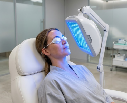 Woman receiving blue light therapy treatment in a dermatology clinic