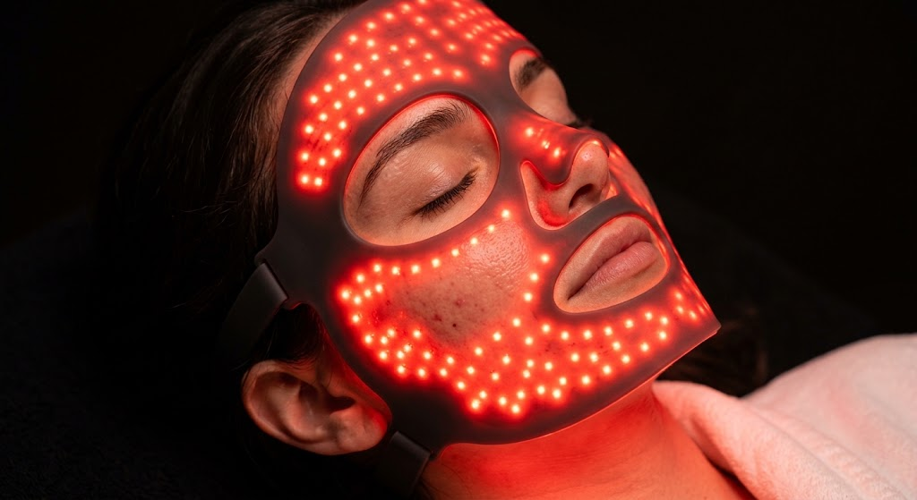What Does Red Light Do to Your Skin — Mechanism Explained Close-up of a woman's face glowing under red light therapy from an LED mask