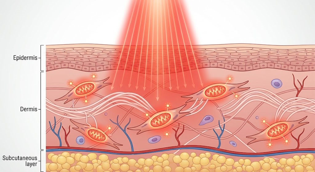 How Red Light Stimulates Collagen — The Mechanism Chain Skin cross-section showing red light reaching fibroblasts and stimulating collagen production