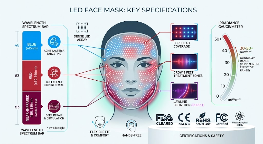 The 6 Specs That Matter in a Red Light Therapy Mask Infographic of LED mask specifications — wavelength, irradiance, LED coverage, certification