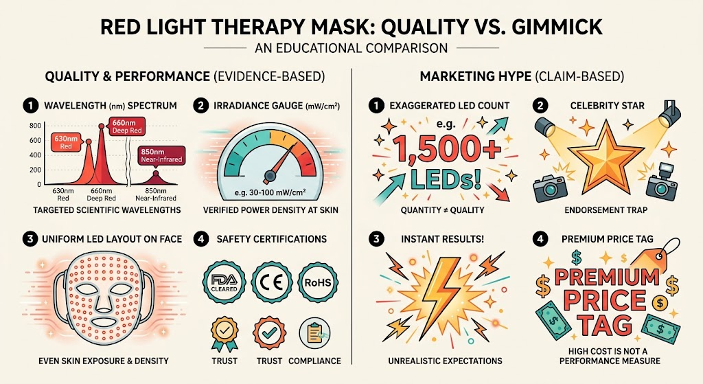 Good Mask vs Marketing Trap — Six Standards to Check Comparison infographic of good mask standards versus marketing traps