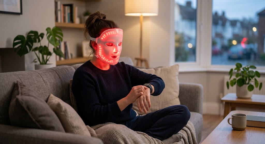 How Long Should You Wear a Red Light Therapy Mask? Woman checking session timer while wearing a red light therapy LED mask