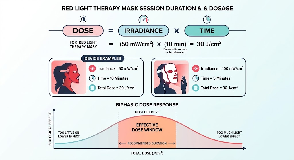 Session Duration and Dose: The Math Behind 10–20 Minutes Infographic of the dose formula and session duration for LED masks