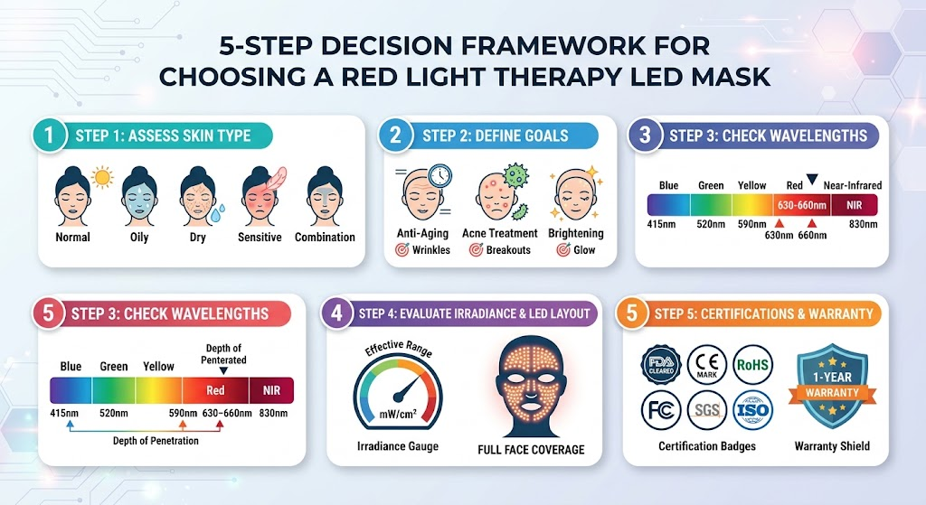 The 5-Step Red Light Mask Decision Framework Five-step decision framework infographic for choosing an LED mask