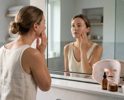Woman checking her skin in the mirror after a red light therapy session