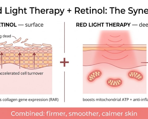 Synergy diagram of red light therapy and retinol: retinol accelerates surface cell turnover, red light therapy boosts deep collagen and calms inflammation