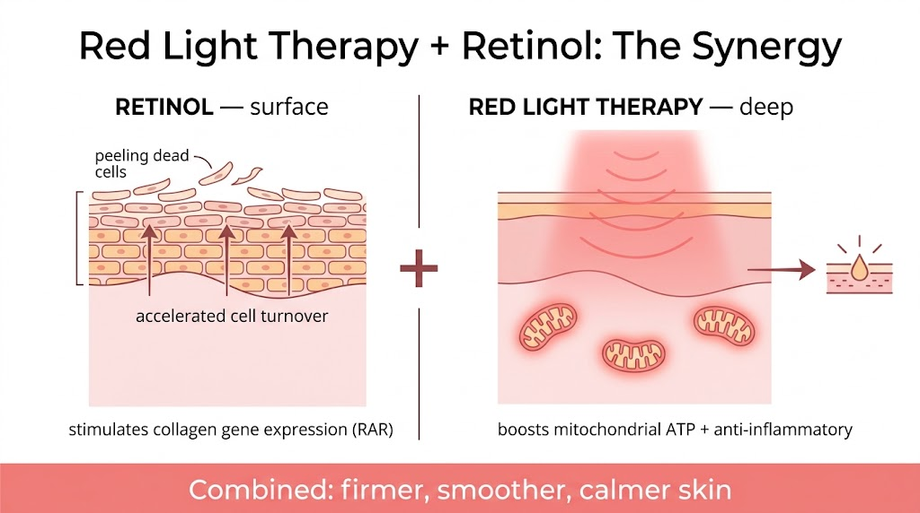 Red Light Therapy + Retinol: How the Anti-Aging Duo Works Synergy diagram of red light therapy and retinol: retinol accelerates surface cell turnover, red light therapy boosts deep collagen and calms inflammation