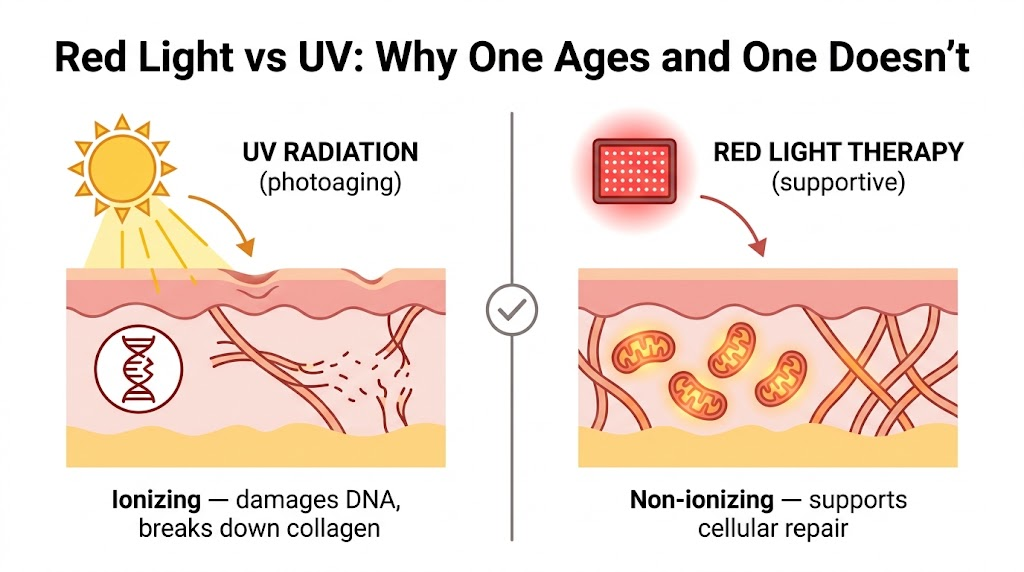 Can Red Light Therapy Age Your Skin? The UV Confusion, Explained Red light vs UV comparison: UV radiation damages DNA and breaks down collagen causing photoaging, while red light therapy is non-ionizing and supports cellular repair