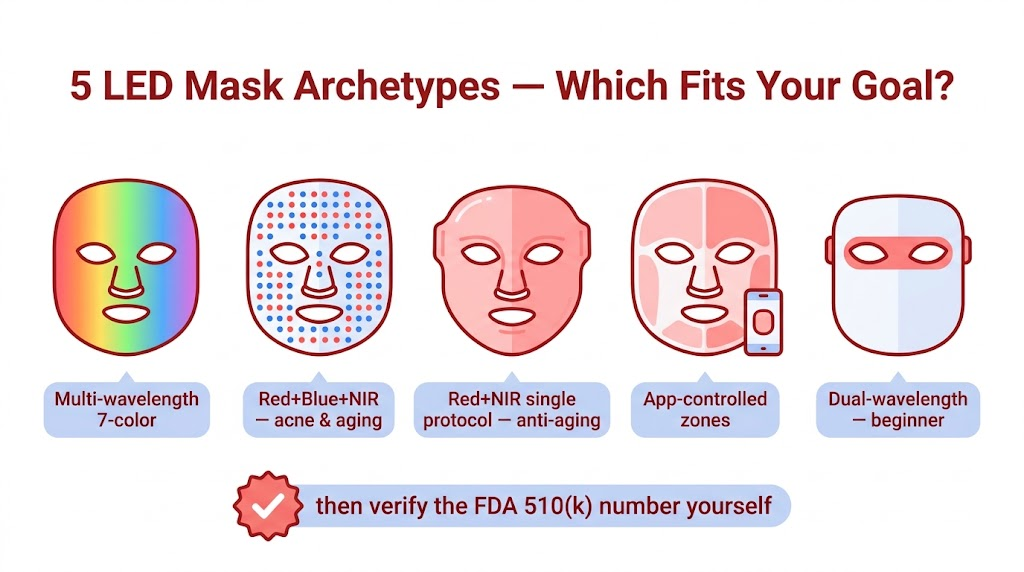 Best FDA-Cleared Red Light Therapy Mask: How to Choose Five LED mask archetypes to compare: multi-wavelength seven-color, red blue NIR, red NIR single protocol, app controlled, dual wavelength — then verify the FDA 510(k) number