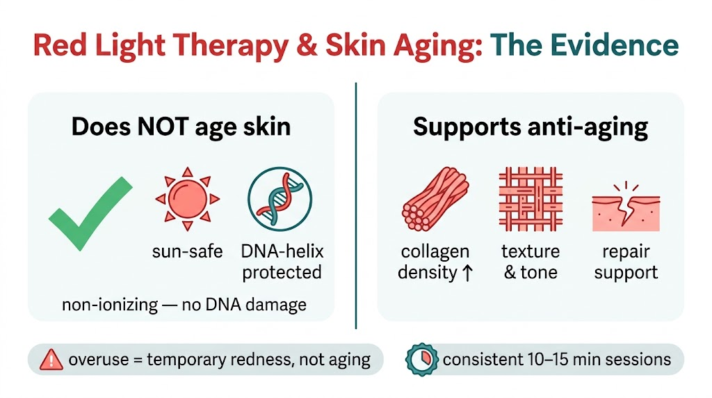 Is Red Light Therapy Anti-Aging? The Evidence-Based Answer Red light therapy and skin aging evidence: left panel confirms it does not age skin as non-ionizing light, right panel shows collagen density texture and repair anti-aging support