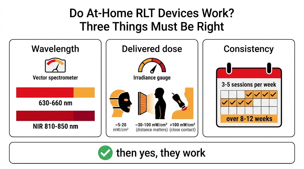 Do At-Home Red Light Therapy Devices Actually Work? Three factors that make at-home red light therapy work: verified wavelength 630-660 red and 810-850 near infrared, delivered dose matched to device type, consistent sessions over weeks