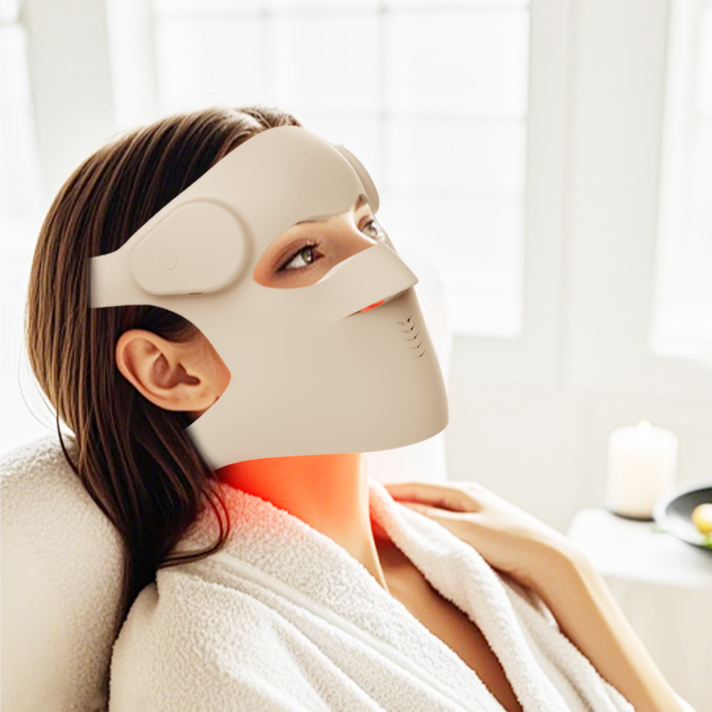 Blue Light Therapy for Skin — Mechanisms and Benefits Woman receiving blue light therapy with glowing blue LED light on her face