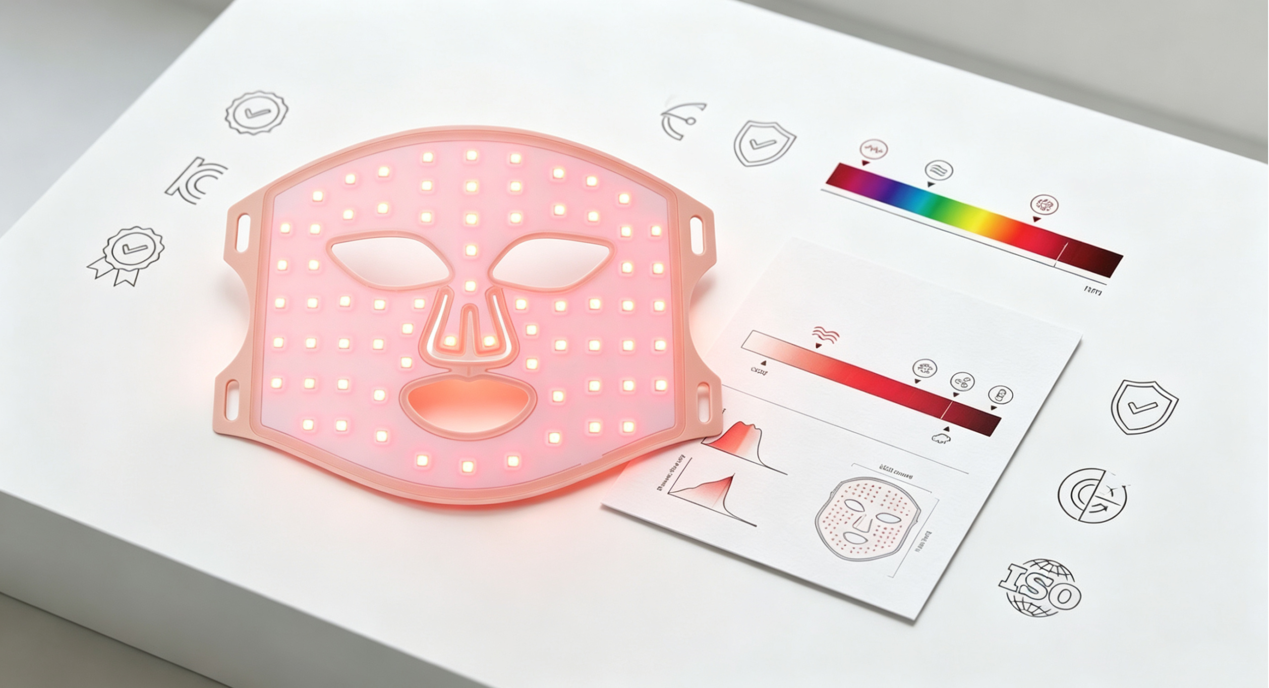 What Makes a Good Red Light Therapy Mask — Standards vs Traps Red light therapy LED mask glowing next to specification and certification elements