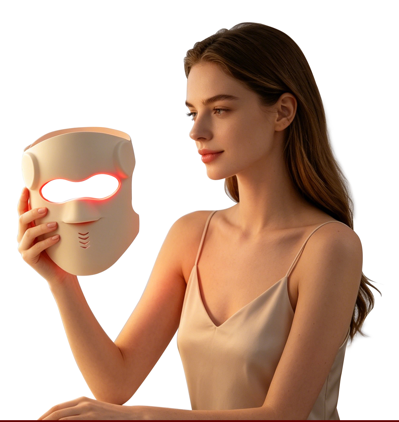 What to Look for in a Red Light Therapy Face Mask — Buying Guide Woman inspecting a red light therapy LED face mask with visible silicone structure