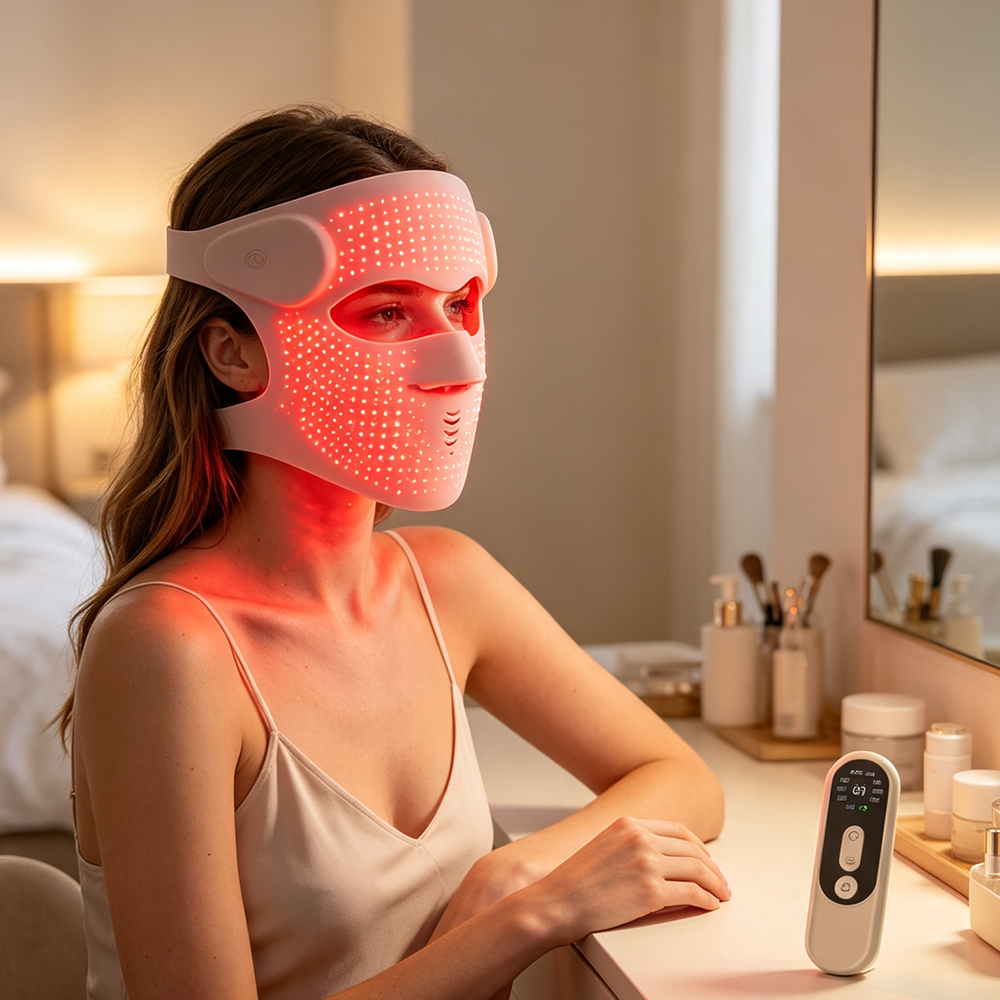 Red Light Therapy Panel — Full-Body Wellness Device Person standing in front of a large red light therapy LED panel