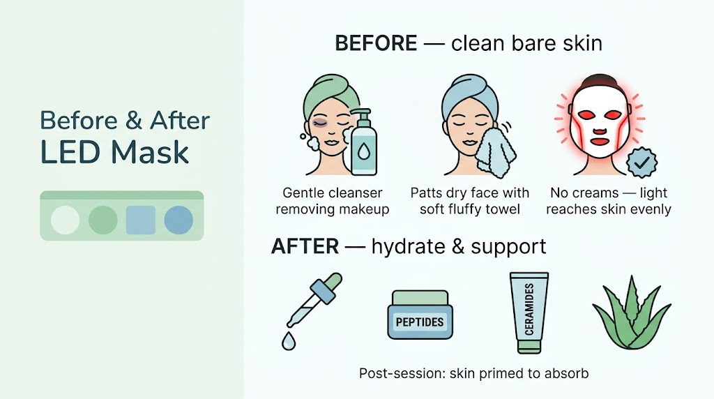 Should You Apply Skincare Before Red Light Therapy? The Before & After Guide Before and after LED mask skincare guide: clean bare skin before treatment, hydrating serums and ceramides after