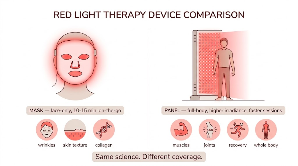 Red Light Mask vs Panel: Same Science, Different Coverage Red light mask vs panel comparison: mask covers the face for 10-15 minute skincare sessions, panel covers the whole body with higher irradiance for muscle and joint recovery