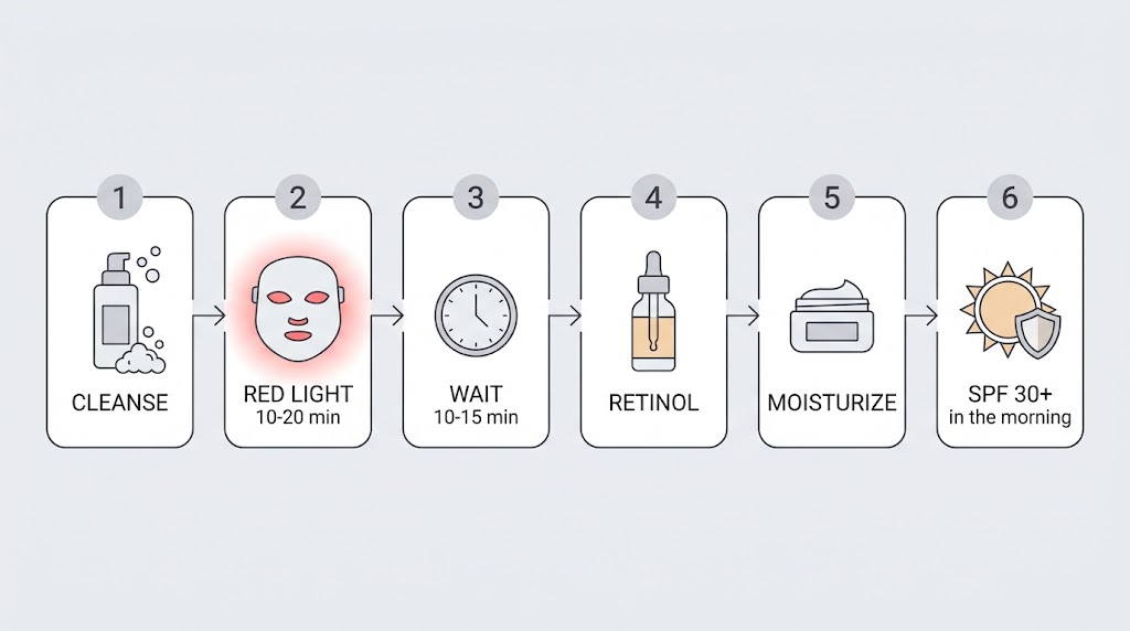 Red Light Therapy + Retinol: The 6-Step Safe Routine Six-step routine flowchart: cleanse, red light therapy 10-20 minutes on bare skin, wait 10-15 minutes, apply retinol, moisturize, wear SPF 30+ daily