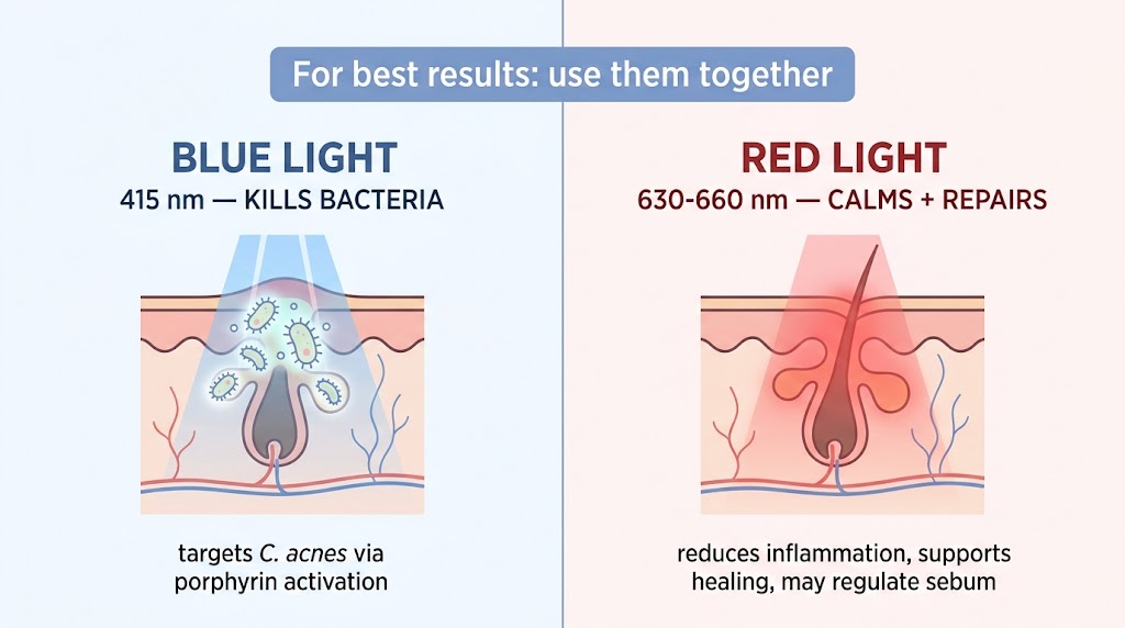 Blue Light vs Red Light for Acne: Two Mechanisms, One Goal Comparison of blue light (415 nm) killing C. acnes bacteria and red light (630-660 nm) reducing inflammation and supporting healing — best used together for acne