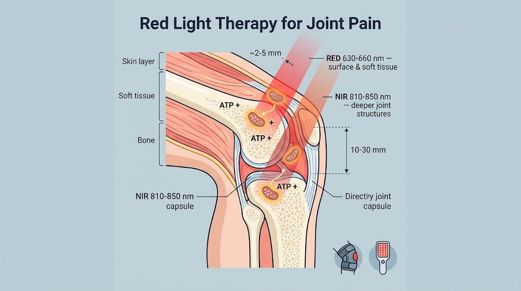 Red Light Therapy for Arthritis: How Light Reaches the Joint Cross-section illustration of a knee joint showing red light 630-660 nm reaching skin and soft tissue while near-infrared 810-850 nm penetrates deeper to the joint capsule