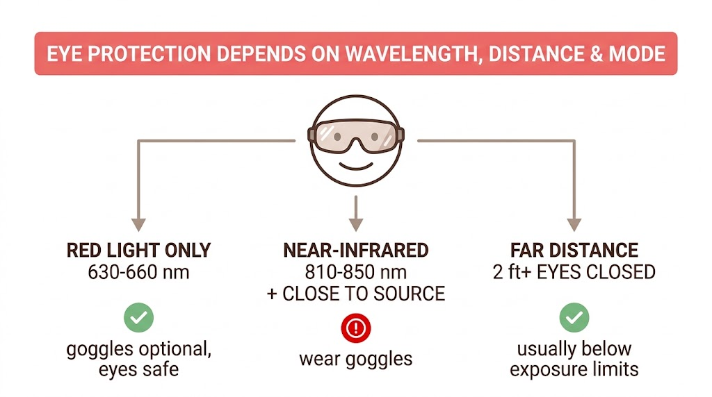 Red light therapy eye safety: goggles optional for red light alone, recommended for near-infrared or when close to the source, usually not needed at 2 feet or more with eyes closed