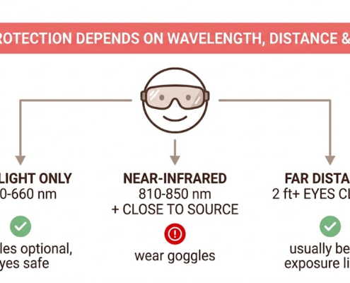 Red light therapy eye safety: goggles optional for red light alone, recommended for near-infrared or when close to the source, usually not needed at 2 feet or more with eyes closed