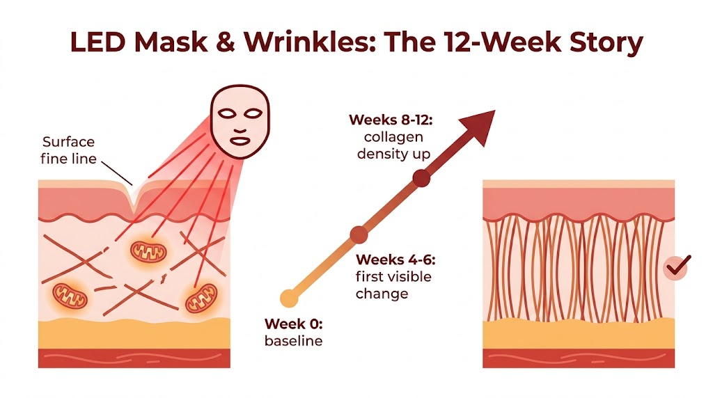 Do LED Masks Actually Work for Wrinkles? The 12-Week Science How LED masks work for wrinkles: red light reaches the dermis, stimulates collagen over 4-6 to 8-12 weeks, and smooths fine lines