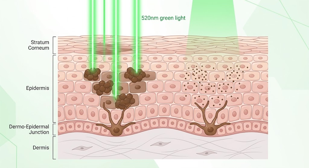 How Green Light Regulates Melanin for Even Skin Tone Green 520nm light modulating melanocyte activity and breaking up melanin clusters in the epidermis