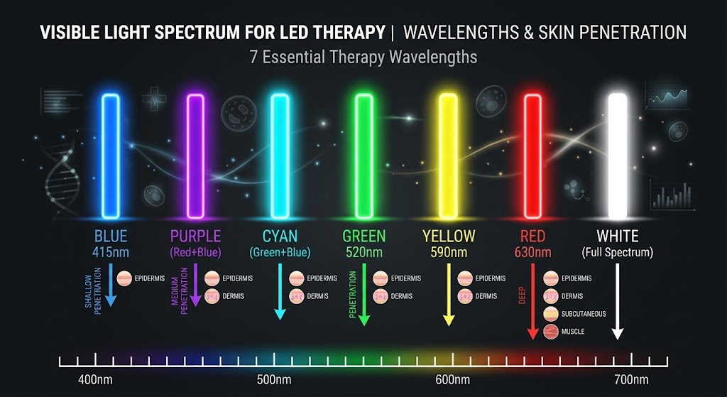 7 Color LED Mask — Wavelength Spectrum and Skin Targets Spectrum chart of the seven LED mask colors with their wavelengths and skin targets