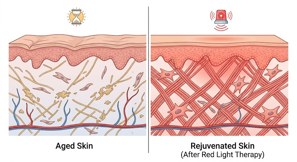 How Red Light Therapy Stimulates Collagen Production in Skin Collagen synthesis comparison in aged skin versus skin treated with red light therapy