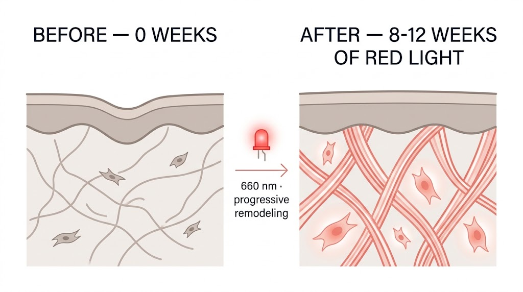 Does Red Light Tighten Skin? The 8-12 Week Collagen Remodeling Story Red light therapy skin tightening: cross-section comparison showing thinner collagen before treatment and denser, firmer collagen after 8-12 weeks of consistent red light sessions
