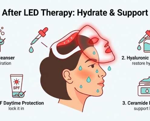 Post LED therapy skincare steps: gentle cleanse, hyaluronic acid serum, ceramide moisturizer, and SPF for daytim
