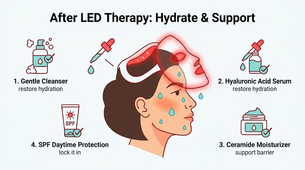 Should You Moisturize After Red Light Therapy? The After-Routine Post LED therapy skincare steps: gentle cleanse, hyaluronic acid serum, ceramide moisturizer, and SPF for daytime