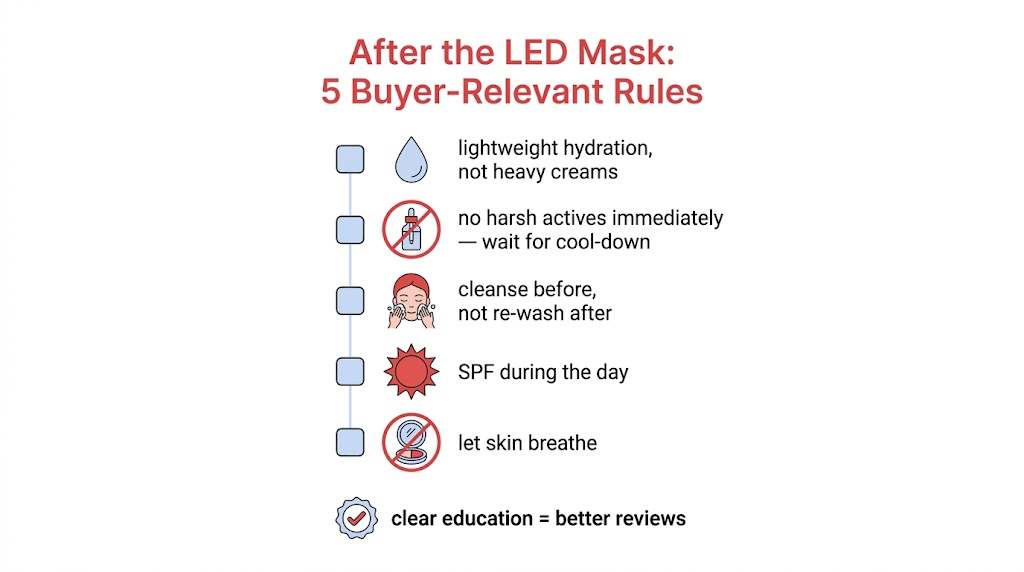 LED Mask Buyer's Guide: Effectiveness, Usage & Post-Treatment Safety Five post-treatment rules for LED mask users: lightweight hydration, no harsh actives immediately, cleanse before not after, daily SPF, let skin breathe before makeup