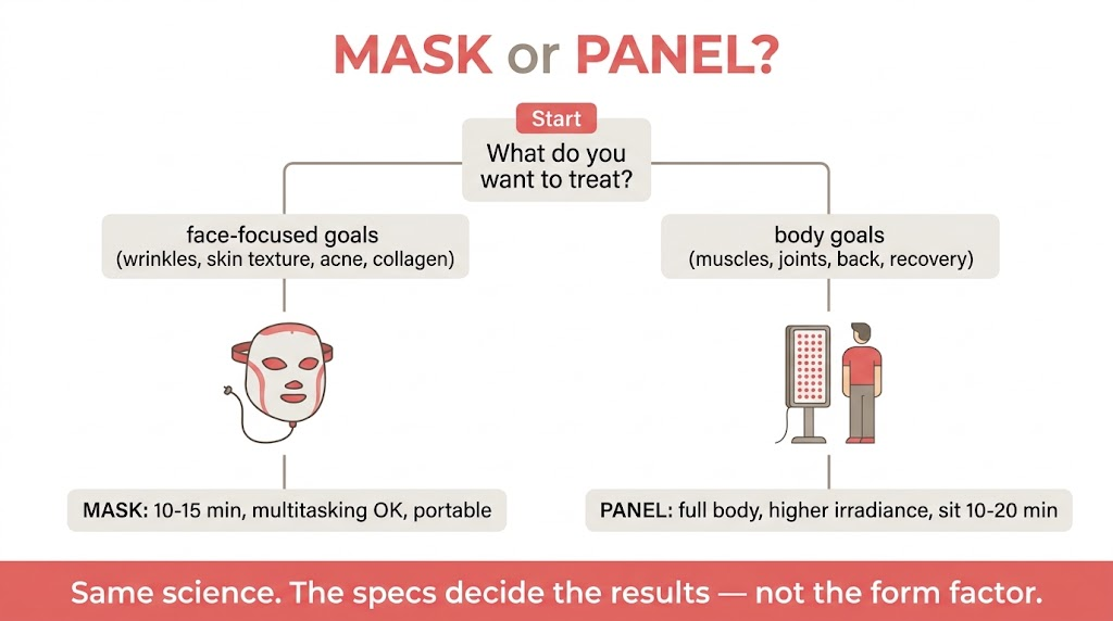 LED Mask vs Panel: The Specs Decide the Results, Not the Form Factor LED mask vs panel decision flowchart: mask for face-focused goals like wrinkles and acne, panel for full-body goals like muscles and joint recovery