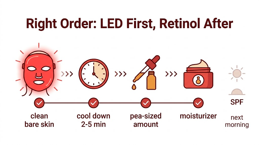 Can I Use Retinol After an LED Mask? The Right Order Correct order for retinol and LED mask: LED therapy on clean skin, cool down 2-5 minutes, apply pea-sized retinol, moisturize with ceramides, SPF next morning