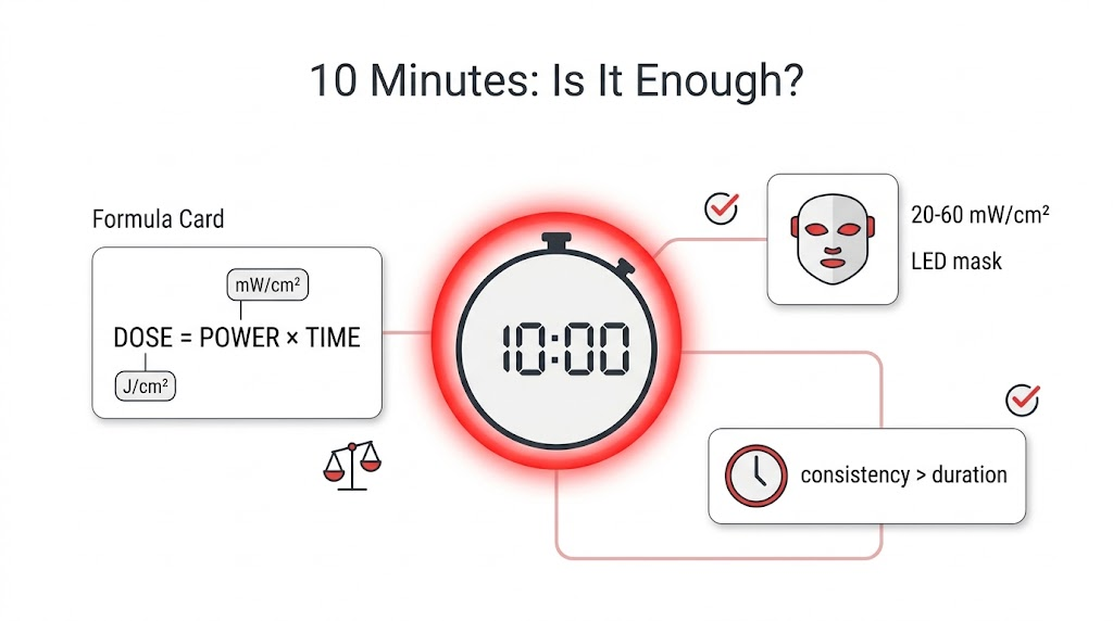 Is 10 Minutes of Red Light Therapy Enough? The Dose Answer Infographic showing whether 10 minutes of red light therapy is enough: dose equals power times time, with typical mask irradiance and consistency message
