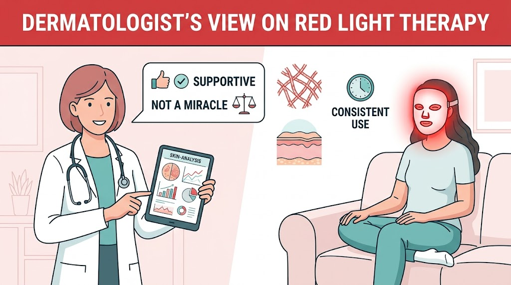 What Do Dermatologists Think About Red Light Therapy? Dermatologist discussing red light therapy: balanced view of supportive treatment with at-home LED mask use and consistent routine icons