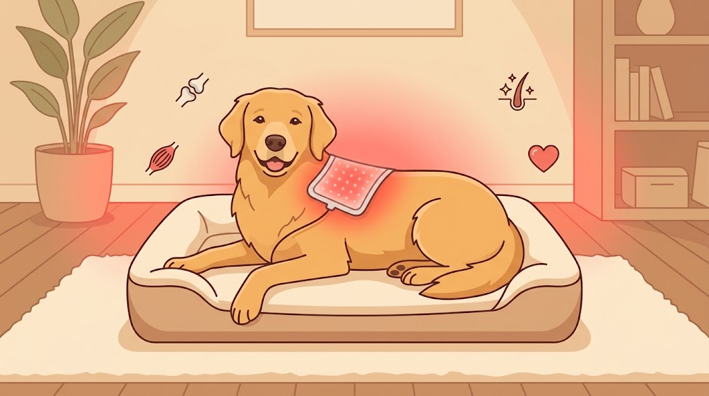 Red Light Therapy for Pets: A Science-Based Guide Red light therapy pad for pets: a dog resting comfortably with a red light therapy pad on its shoulder, promoting joint comfort, muscle recovery, and coat health