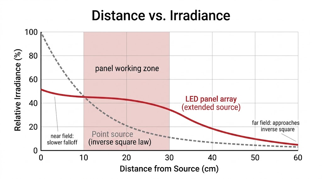Distance vs irradiance chart for red light therapy: LED panel arrays fall off more slowly than point sources, with the working zone between 10 and 30 cm